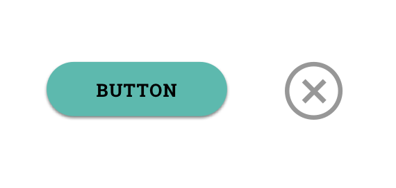 画像：青緑に黒字で「BUTTON」と書いたボタンと、バツのアイコンを使ったキャンセルボタン