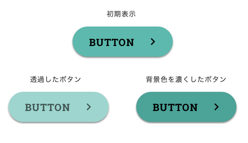 画像：初期表示の青緑背景のボタンと、それを透過したボタン、背景を濃くしたボタンが並んでいる